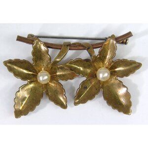 VTG Edwardian Trombone Clasp Double Flower Brooch 1900s Pearl Center Gold Tone